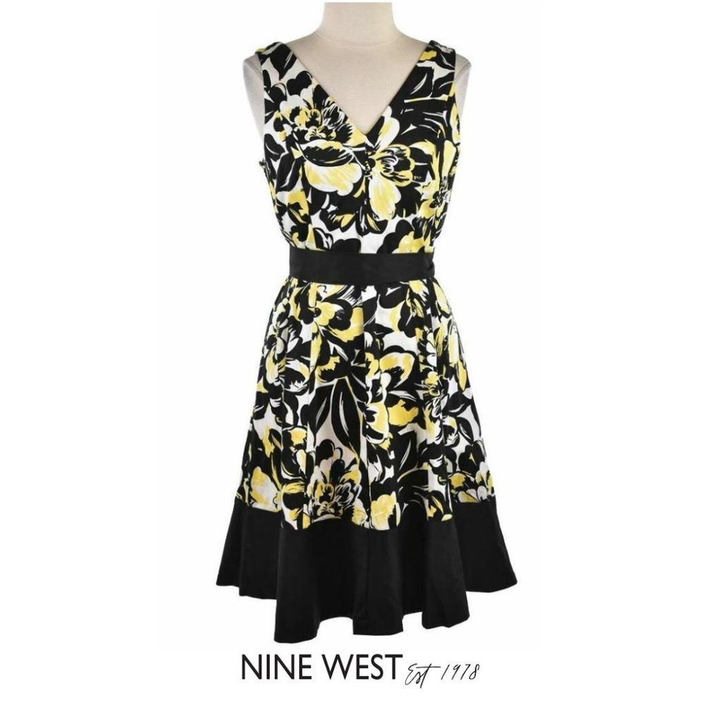 Nine West black & yellow floral —fit & flare Dress